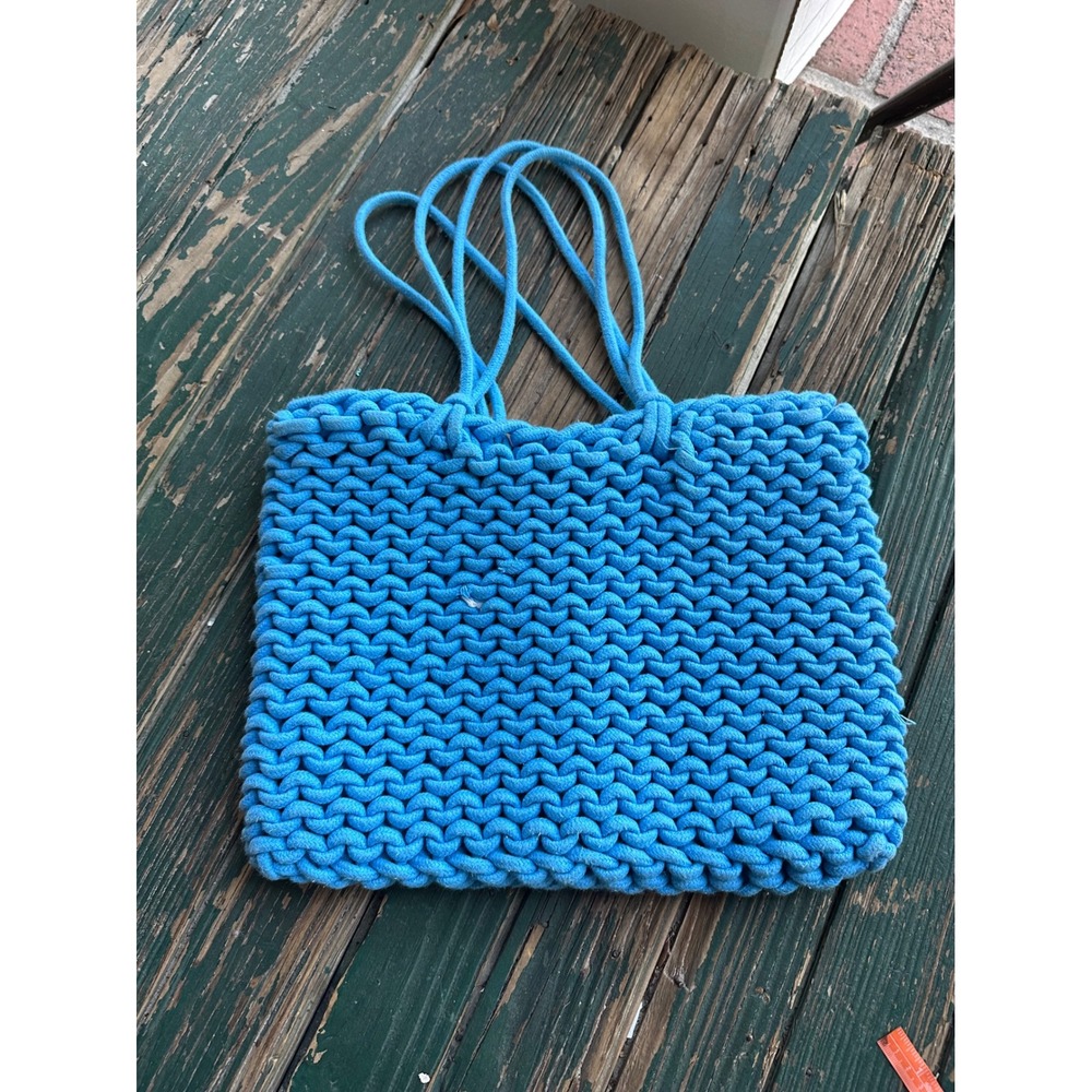 A New Day Blue Woven Rope Tote Bag Magnetic Snap Closure Summer Beach Handbag